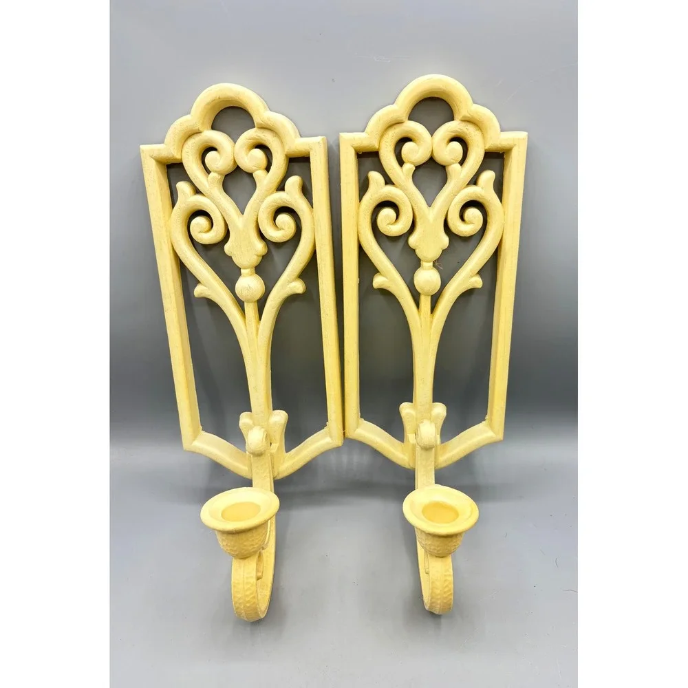 Vtg Homco Pair Ornate‎ Scroll Wall Sconces Cream Beige Candle Holder MCM